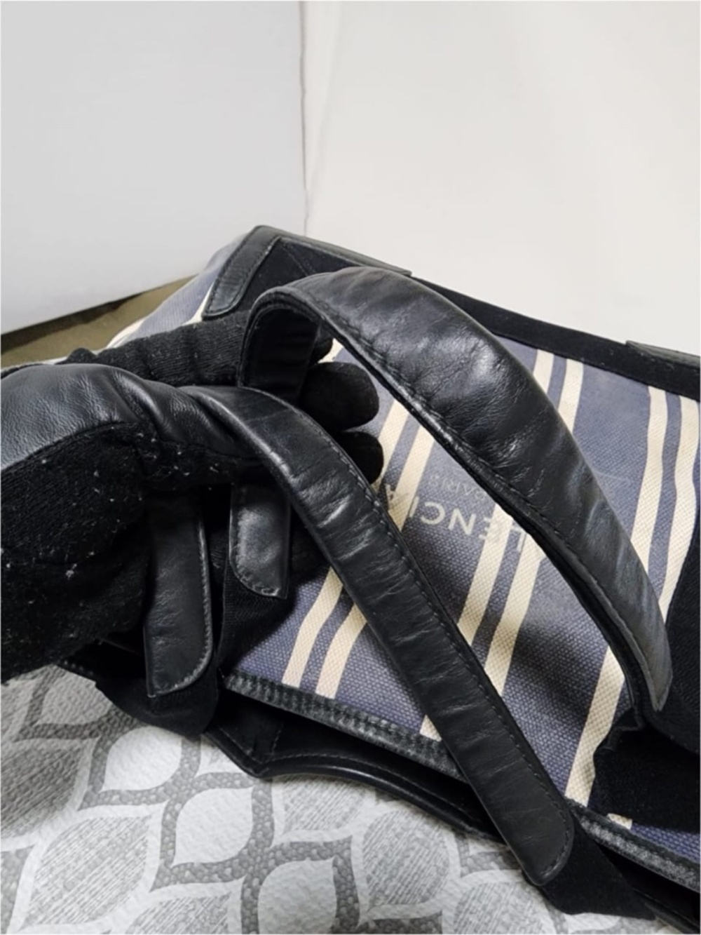 Authentic Balenciaga Canvas Striped Navy Cabas S Tote Bag Navy Blue/White/Black - Picture 5 of 12